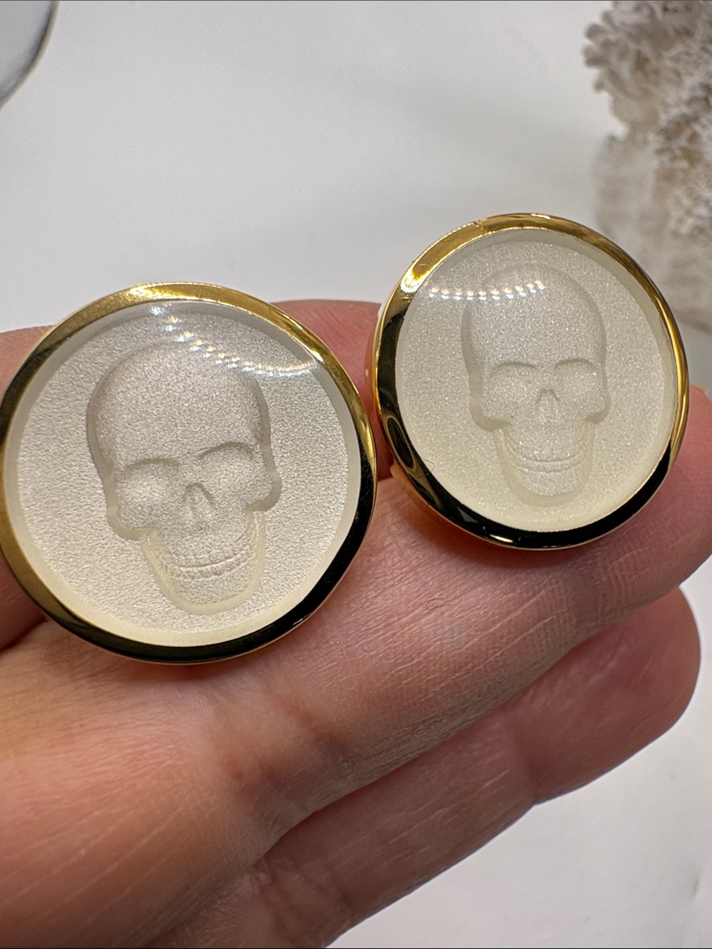 Alexander McQueen Gold-Trim White Skull Cufflinks